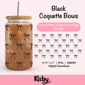 Black Coquette Bows 16oz Libbey Glass Can Wrap PNG Design, Girly Bow Beer Can Glass Wrap Uv Dtf Designs, Valentine Cup Wrap Png