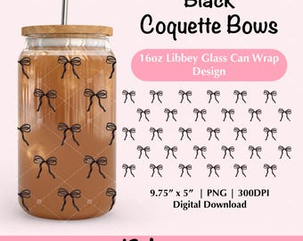 Coquette noire avec noeuds en verre Libbey de 16 oz, emballage en verre de canette de bière Girly noeud, emballage en verre Uv Dtf, conception de gobelet de la Saint-Valentin PNG