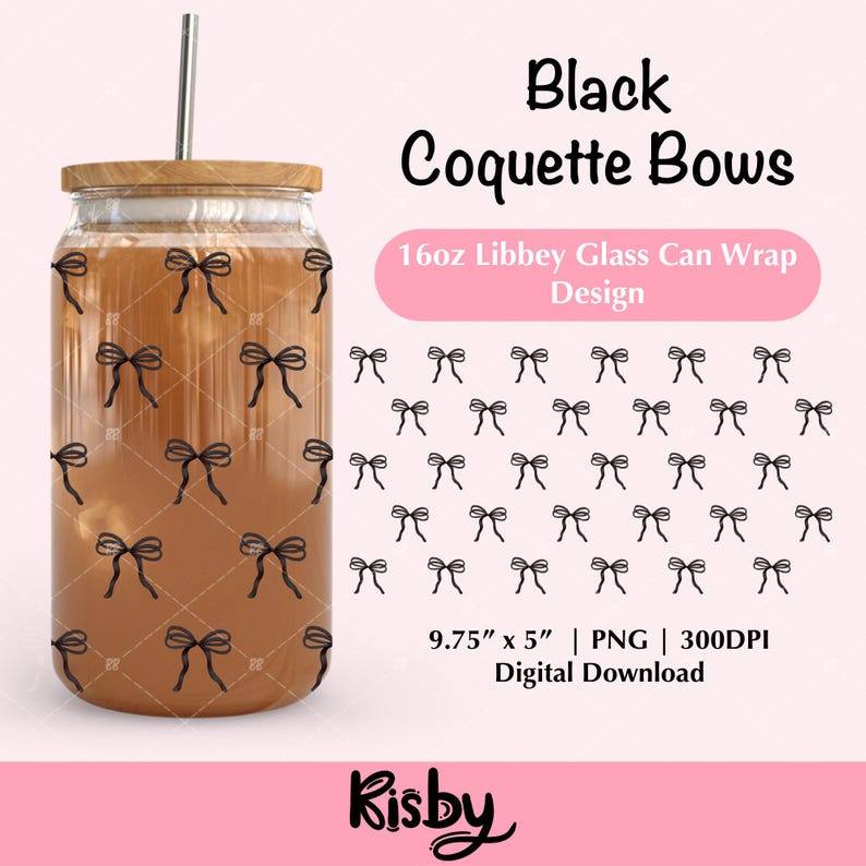 Black Coquette Bows 16Oz Libbey Glass Can Wrap PNG Design, perfect for bow beer can glass designs and holiday cups, coquette lovers, designers, UVDTF and sublimation designs like T-shirts, sweatshirts, cup wraps, tote bags
