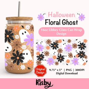 Halloween Floral Ghost 16Oz Libbey Glass Can Wrap PNG, Wildflowers Iced Coffee Can Glass Wrap Png, Spooky Season Tumbler Wrap Design