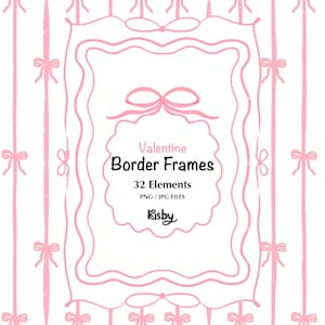 Whimsical Hand Drawn Valentine Coquette Bow Border Frames Png, Wavy Squiggle Invitation Frame, Pink Coquette Ribbon Bow Png, Commercial Use