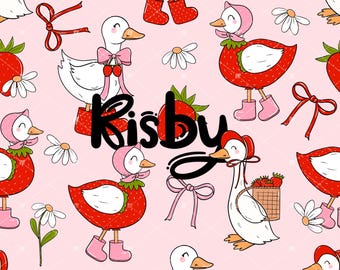 May include: A pink background with a repeating pattern of white geese wearing red strawberry costumes. The geese are wearing red boots and some have red bonnets. The word "Risby" is written in black in the center of the image.