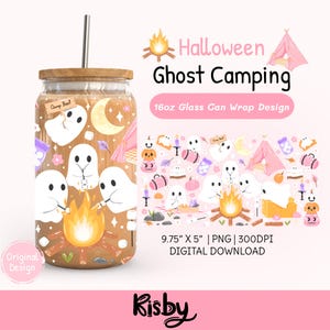 Halloween ghost camping 16oz glass can wrap design with cute pastel ghosts, marshmallows, bonfire, pumpkins, and tents in cozy spooky theme