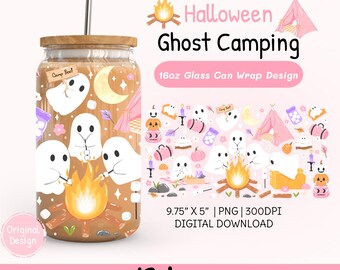 Halloween Ghost Camping Glass Can Wrap Png, Spooky Campfire Cup Wrap, Cozy Fall Tumbler Design