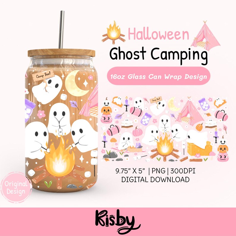 Halloween ghost camping 16oz glass can wrap design with cute pastel ghosts, marshmallows, bonfire, pumpkins, and tents in cozy spooky theme