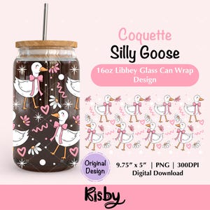 Coquette Silly Goose 16Oz Libbey Glass Can Wrap PNG, Cute Spring Goose Iced Coffee Cup UV DTF Design, Coquette Spring Beer Can Glass Png