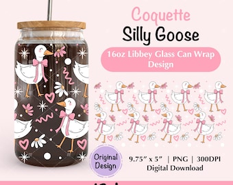 Coquette Silly Goose 16Oz Libbey Glass Can Wrap PNG, Cute Spring Goose Iced Coffee Cup UV DTF Design, Coquette Spring Beer Can Glass PNG