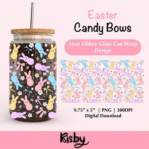 Lazos de coqueta de caramelos de Pascua, lata de vidrio Libbey de 16 oz, diseño PNG, lata de cerveza con lazo de conejito de malvavisco, vaso de vidrio PNG, envoltura de café navideña Uv Dtf