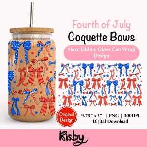 4th of July Coquette Bow PNG Wrap for 16oz Libbey Glass Can Red White Blue Bows Tumbler Wrap Design Girly American Png Independence Day png