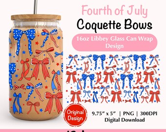 4th of July Coquette Bow 16oz Glass Can Wrap, Red, White, and Blue Design
