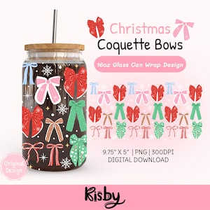 May include: A glass can wrap design featuring colorful bows in red, pink, green, and brown, with snowflakes. The design includes the text "Christmas Coquette Bows" and "16oz Glass Can Wrap Design". The dimensions are 9.75" x 5".
