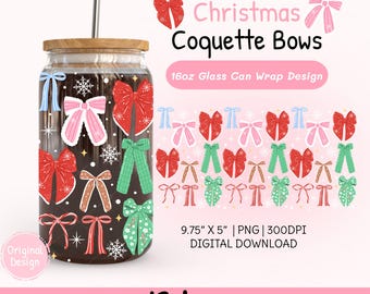 Laços de Natal, 16Oz, Embalagem de Vidro Libbey, Design PNG, Envoltório de Vidro de Natal Coquette, Copo de Café Gelado com Laço Preppy, Envoltório DTF UV Feminino