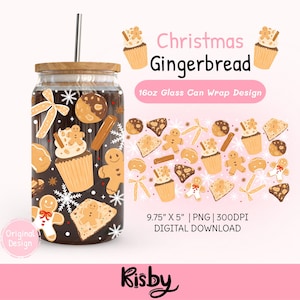 Puede incluir: Una lata de vidrio con tapa de madera y pajita de acero inoxidable. La lata presenta un diseño de Navidad de pan de jengibre con hombres de jengibre, cupcakes y copos de nieve. El texto "Christmas Gingerbread" es visible.