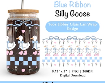 Blue Ribbon Goose 16Oz Libbey Glass Can Wrap PNG Cute Coquette Silly Goose Tumbler UV DTF Design Coquette Spring Cottagecore Goose Wrap Png