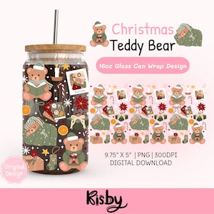 May include: A glass can with a wooden lid and a stainless steel straw. The can features a Christmas-themed design with teddy bears, gifts, and festive elements. The text "Christmas Teddy Bear" is displayed above the design.