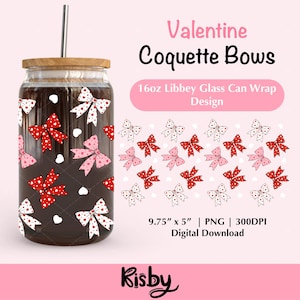 Valentine Coquette Bow Heart 16Oz Libbey Glass Can Wrap PNG Design, Coquette Valentine Beer Can Glass Cup Png, Coffee Wrap Uv Dtf Design