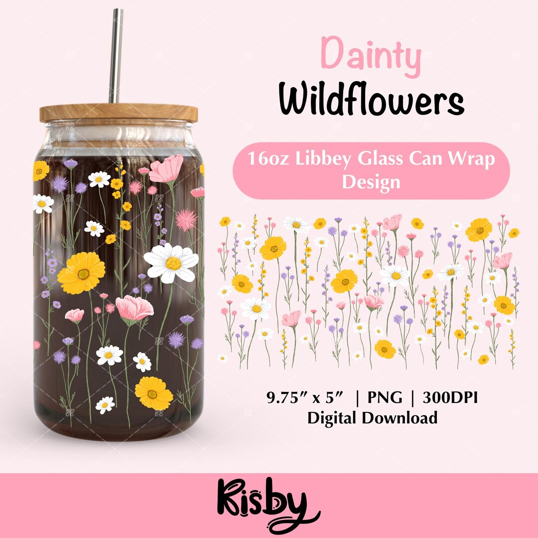 Dainty Wildflowers 16oz Libbey Glass Can Wrap PNG Design, Boho Flower ...
