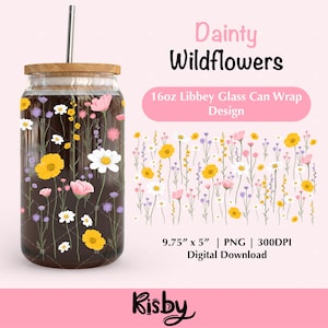 Delicado Wildflowers 16Oz Libbey Glass Can Wrap PNG Design, Boho Flower Cup Wrap Png UV DTF Designs, Floral Tumbler Wrap Png