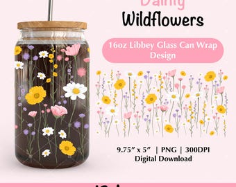 Delicado Wildflowers 16Oz Libbey Glass Can Wrap PNG Design, Boho Flower Cup Wrap Png UV DTF Designs, Floral Tumbler Wrap Png