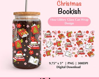 May include: A digital download design for a 16 ounce Libbey glass can wrap featuring a Christmas bookish theme. The design includes a repeating pattern of books, presents, Christmas trees, and coffee cups in red, green, and white.