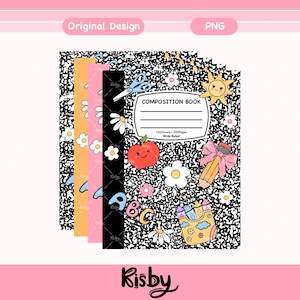 May include: A stack of composition notebooks with a black and white speckled cover. The notebooks have colorful spines and are decorated with school-themed illustrations, including a smiling apple, pencil, and daisies. The words "Composition Book" are visible.