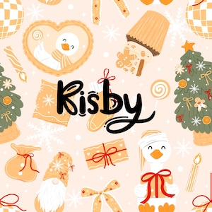 May include: A festive pattern featuring Christmas-themed illustrations in shades of orange, green, and white. The design includes a Christmas tree, gift boxes, a goose, and the word "Kisby" in a whimsical font, all set against a light pink background.