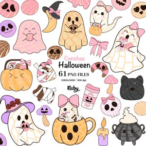 May include: A set of 61 Halloween-themed digital illustrations featuring cute ghosts, pumpkins, and concha bread pastries. The illustrations are in a cartoon style and feature bright colours. The text "Conchas Halloween 61 PNG Files 3000x3000 | 300 dpi Risby" is included in the image.