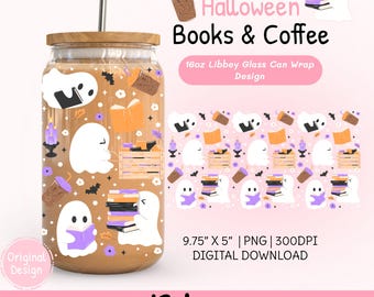 Bookish Ghost & Iced Coffee Libbey Glass Can Wrap PNG Design Spooky Halloween Bookish Cup Wrap Cute Ghost Reading Books Tumbler Wrap Png