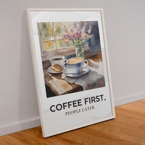 Coffee First, sztuka ścienna retro, wydruk na wózku kawowym, wystrój dla miłośników kawy, modny plakat retro