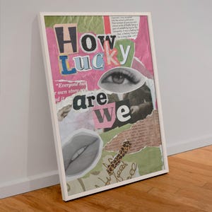 Qué suerte tenemos de imprimir, imprimir álbumes de recortes, póster rosa y verde, póster de periódico, póster, collage recortado, póster de papel reciclado, descarga digital
