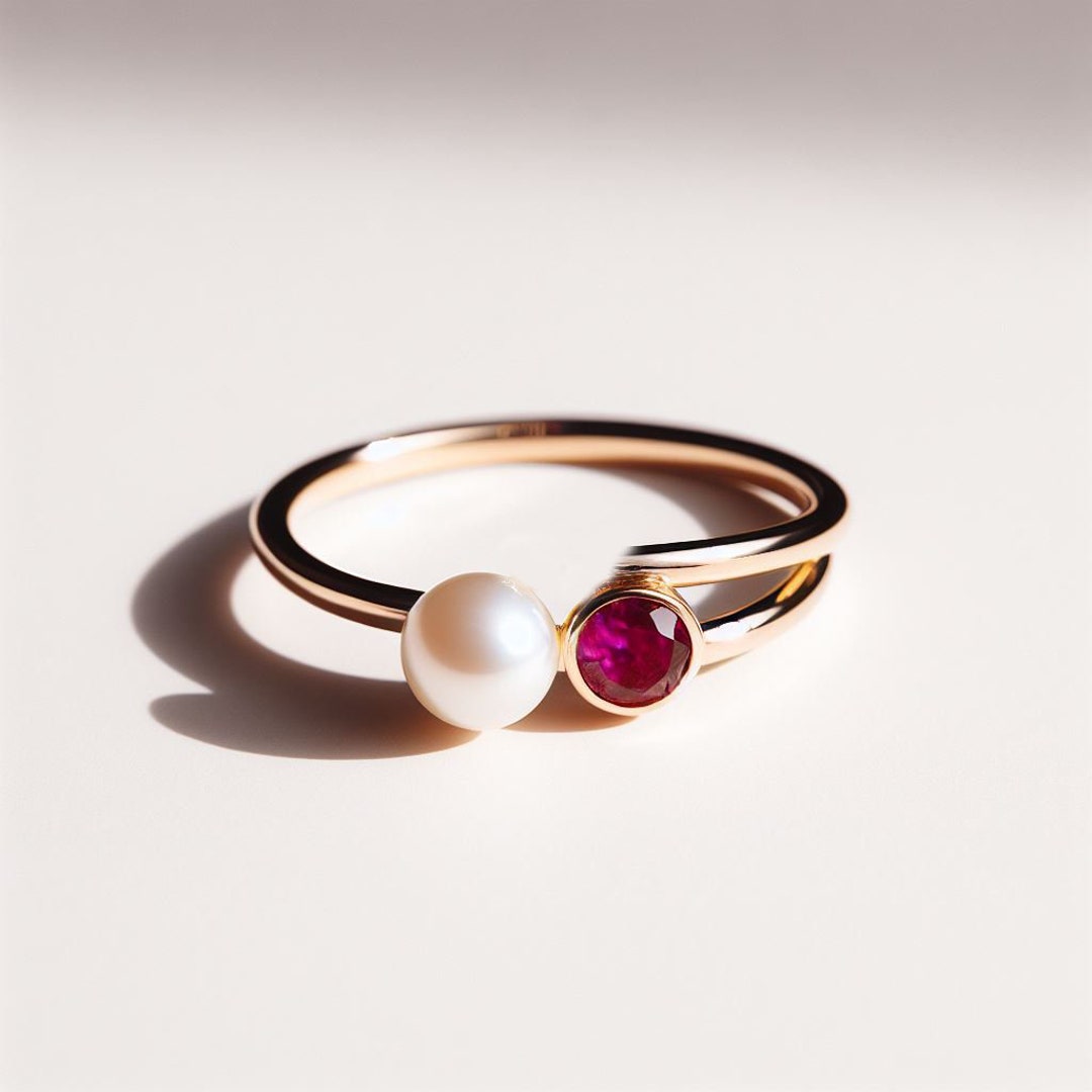 14K Gold Pearl Ring Gold Ruby Ring Gold Duo Minimalist Silver - Etsy