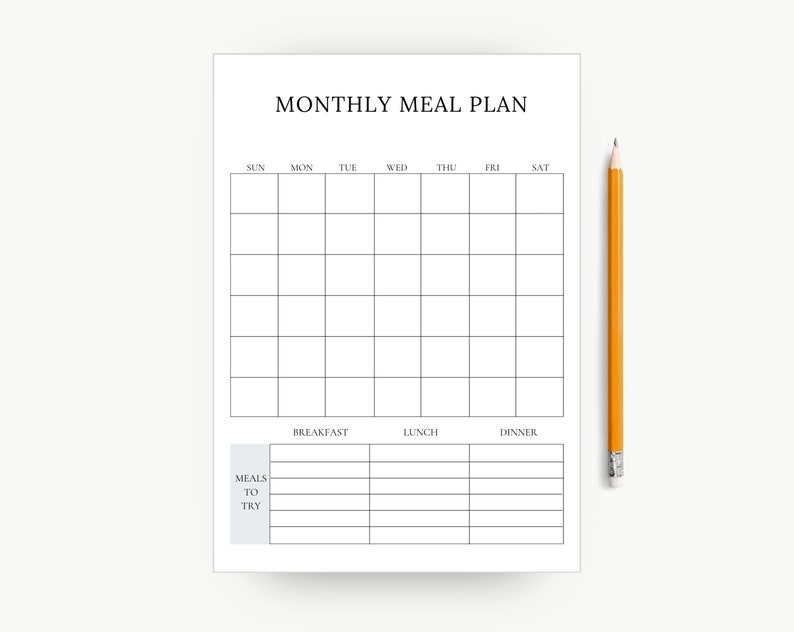 Monthly Meal Printable Planner Page, Meal Tracker, Food Journal, Meal