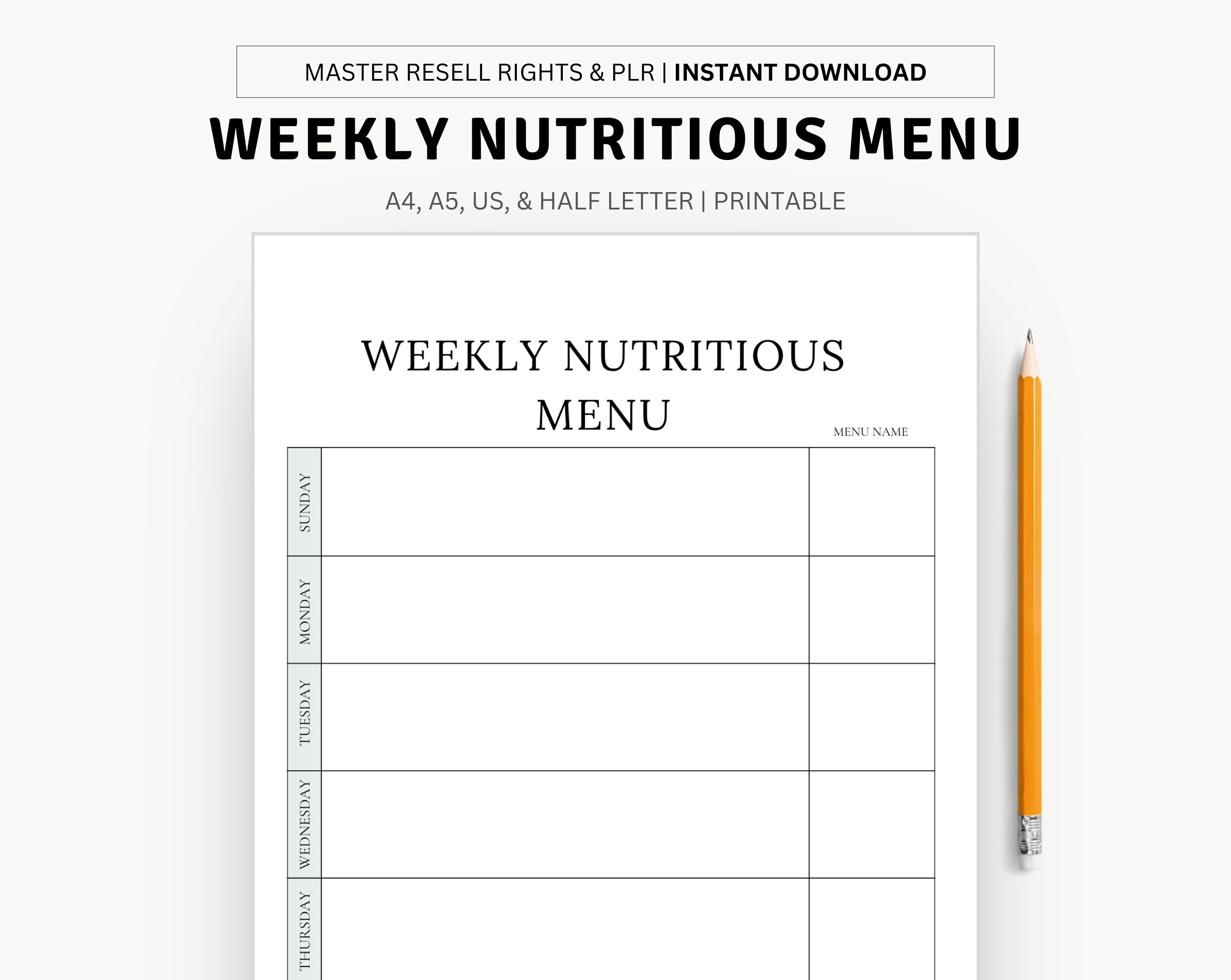 Printable Weekly Nutritious Menu Page, Nutritious Recipes, Meal Prep Organizer, Digital Meal ...