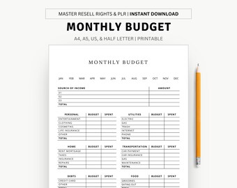 Monthly Budget Planner Printable &amp; Fillable PDF, Budget Tracker ...