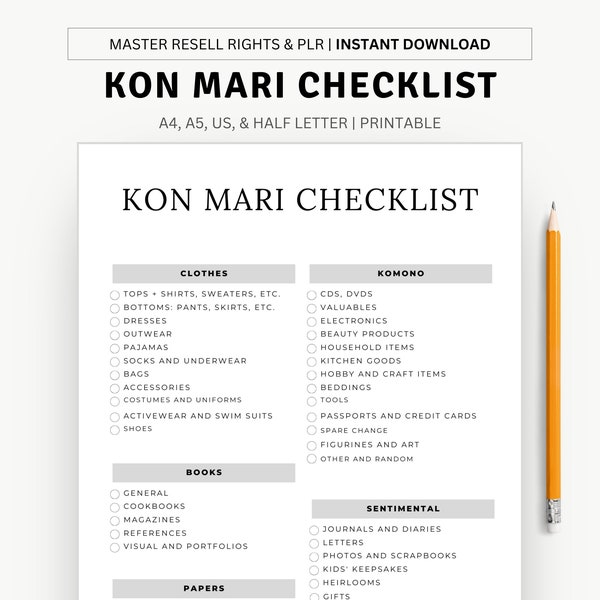 Kon Mari Checklist ADHD Cleaning Checklist Decluttering and Cleaning Planner Zone Cleaning Simple Checklist Template A4 A5 Letter Half