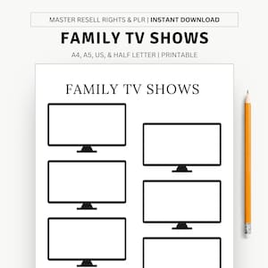 Planificador de programas de televisión familiares imprimibles, Planificador de eventos de entretenimiento, Lista de series de televisión para ver, Lista de programas de televisión, A4, A5, Carta de EE. UU., Media carta