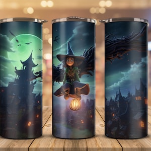 3D Tumbler design, Witch on broom halloween, Tumbler Wrap, 20oz Tumbler, Sublimation design, PNG Digital Download, Realistic Witch Halloween