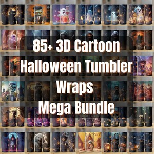 Más de 85 paquetes de envoltura de vaso de Halloween de dibujos animados en 3D, PNG 20 oz flaco, mega paquete de sublimación, descarga digital, fantasma, bruja, esqueleto, mega paquete