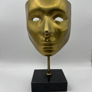 Mid Century Brass Mask on Rod Stand with Marble Base