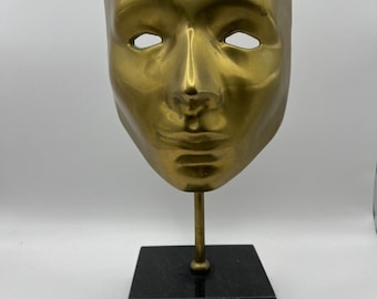 Mid Century Brass Mask on Rod Stand with Marble Base