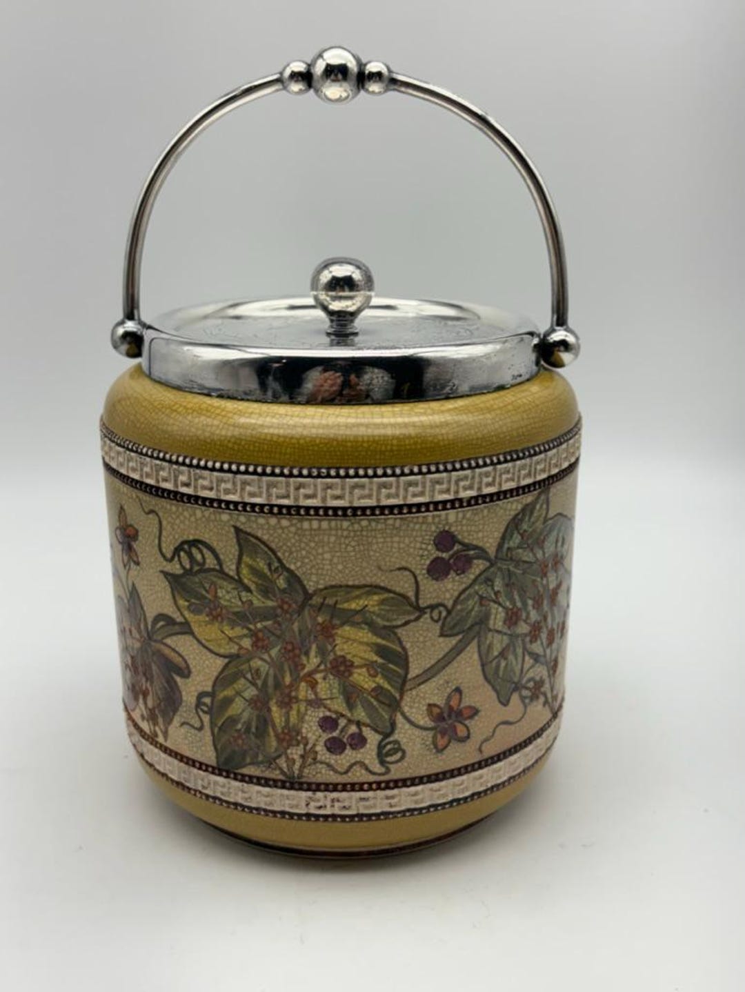 Antique English Ceramic Biscuit Barrel With Silver Plated Handle
