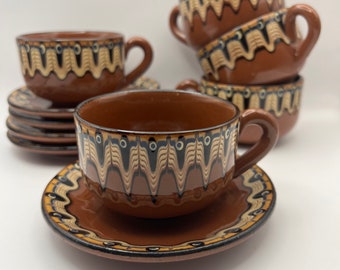 Bulgarian Troyan Redware Pottery Cups and Saucers - Set of 5