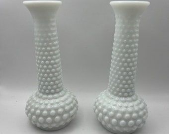 Vintage E.O Brody Co White Milk Glass Hobnail Vase - Set of 2