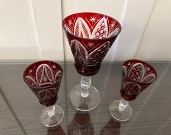 Verres à vin tchèques bohèmes rouge rubis à transparents - Lot de 3