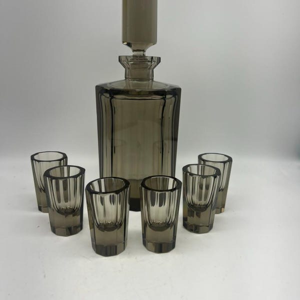 Vintage Art Deco 1930's Smoked Glass Decanter Set with 6 Glasses