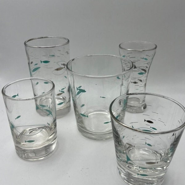 Vintage MCM Libbey Atomic Fish Cocktail Glasses - Set of 5