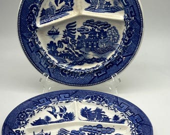 Antique Blue Willow Divided Plate Set: Moriyama Japan Transferware