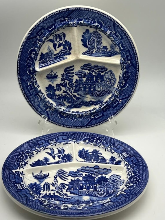  blue willow希少大オーバル皿 Vintage Occupied Japan 1940's Blue Willow Divided Grill Plate