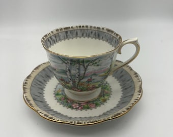 Vintage Royal Albert SILVER BIRCH Footed Tea Cup & Saucer Set