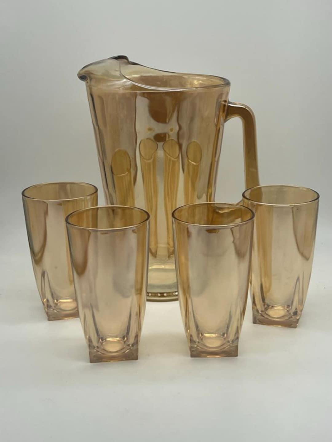 Vintage Hex Optic Iridescent Marigold Carnival Glass Pitcher and 4